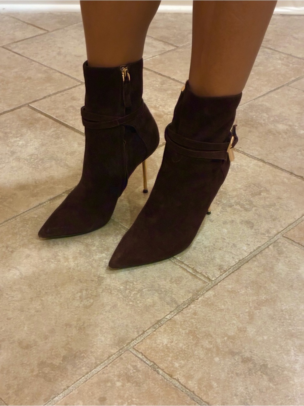 Tom Ford Dark Brown Suede Pointed Ankle Boot with Gold Stiletto Heel - Picture 2 of 11
